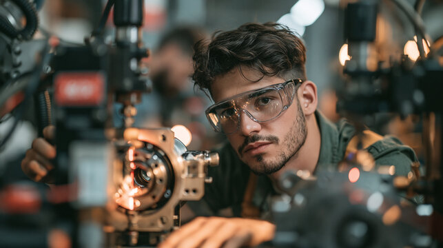Technician checking product alignment with a laser level on a manufacturing floor, precision alignment, accuracy in production