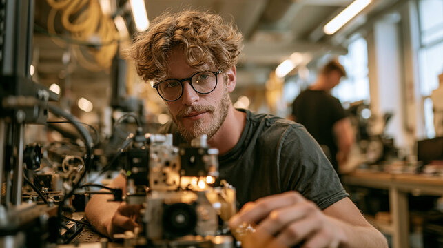 Technician checking product alignment with a laser level on a manufacturing floor, precision alignment, accuracy in production
