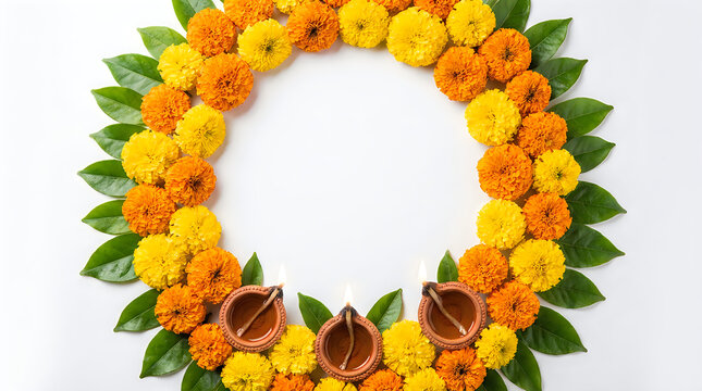 Beautiful floral wreath with marigold flowers and traditional oil lamps for durga puja festival celebration on white background