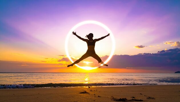 Silhouette of Person Jumping and Dancing Joyfully on Beach Shore Against Sunset Sky