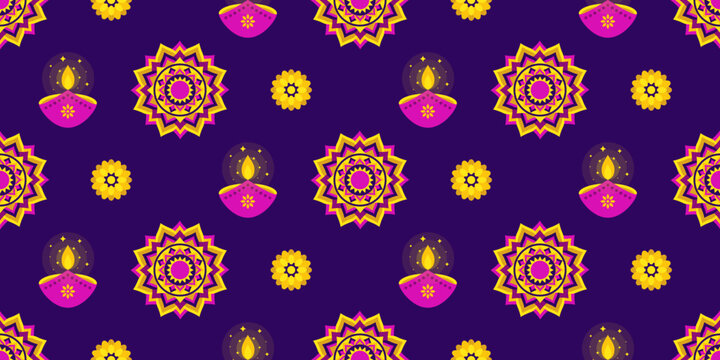 Diwali seamless pattern background with mandalas rangoli glowing diya lamps and marigold flowers on a purple background. For festive decor, fabric, wrapping, wallpaper, print. Vector illustration