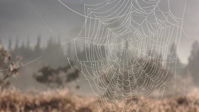 Beautiful intricate spider web covered in morning dew drops against a blurry misty nature background