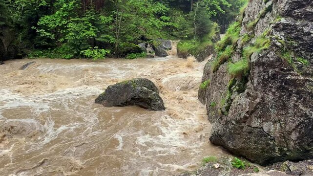 Torrential rains in the Carpathians, Romania: The Bicaz River overflows after heavy rains in Romania
