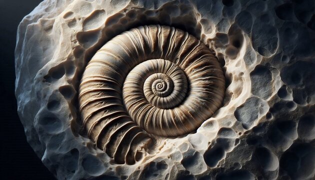 Detailed ammonite shell fossil embedded within rough natural sedimentary stone texture