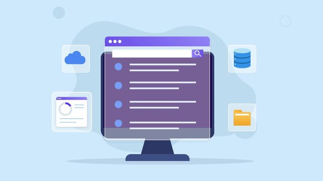 Flat vector animated desktop monitor displaying a cloud analytics dashboard with performance charts, database, cloud storage, and workflow interface. Ideal for business, productivity, and technology m