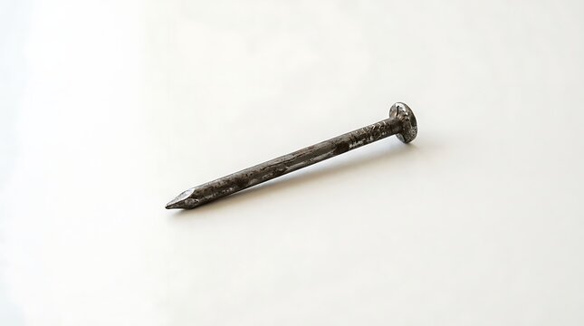Single old rusty iron nail isolated on white background, weathered vintage metal fastener close-up