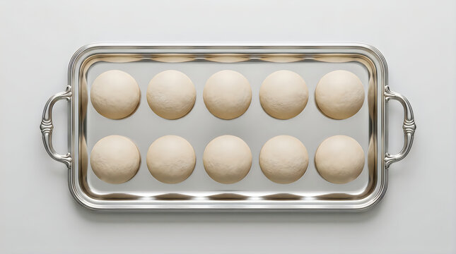 A silver tray filled with traditional white rasgulla sweets often served during the festive season of durga puja