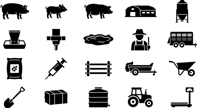 Set of pig farming and livestock management icons.