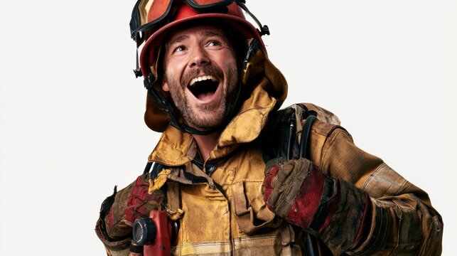 Happy firefighter in protective yellow uniform and helmet smiling and looking up with enthusiasm and pride isolated on white background