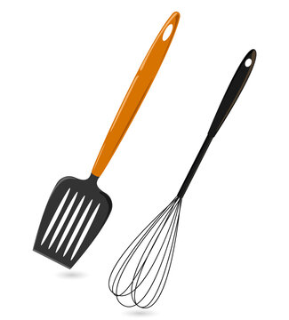 Kitchen utensils, spatula and whisk, cooking tools on transparent background