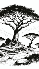 Fototapeta premium African Acacia Tree with Rocky Savannah Landscape, Black and White Line Art