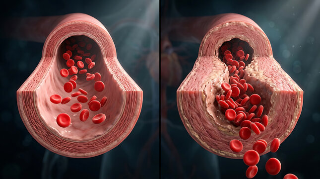 detailed cross-sectional illustration of a blood vessel demonstrating blood flow and cellular distribution within the artery or