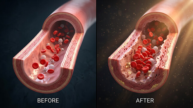 comparative illustration showing the process of artery blockage and restoration of blood flow through medical intervention