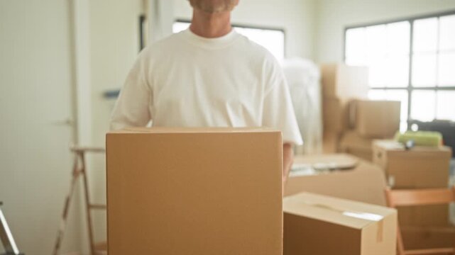 Man holding cardboard box, smiling with visible face in a sunlit building amid packed moving boxes; contentment new beginning.