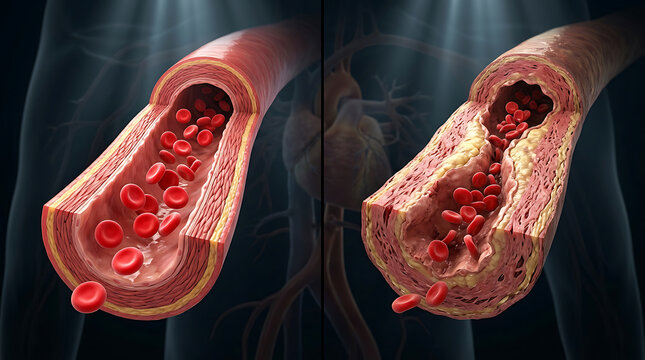 Detailed comparison of healthy and clogged arteries illustrating cardiovascular health issues in humans