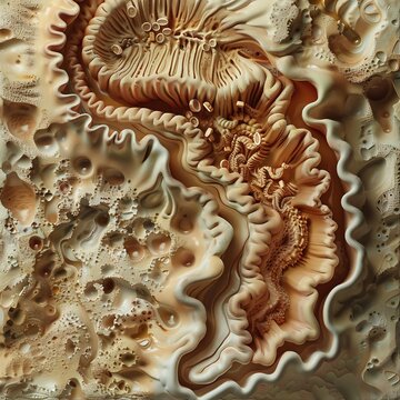 Artistic depiction of human stomach rugae folds lined gastric cells a top down aerial view showing the mountainous landscape of the gastric mucosa warm terracotta and ivory food anatomy fine art