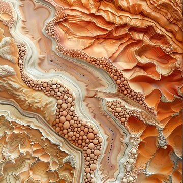 Artistic depiction of human stomach rugae folds lined gastric cells a top down aerial view showing the mountainous landscape of the gastric mucosa warm terracotta and ivory food anatomy fine art