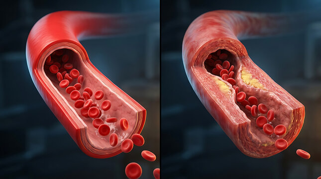 Detailed comparison of healthy and blocked arteries showing blood flow and plaque buildup for cardiovascular health analysis