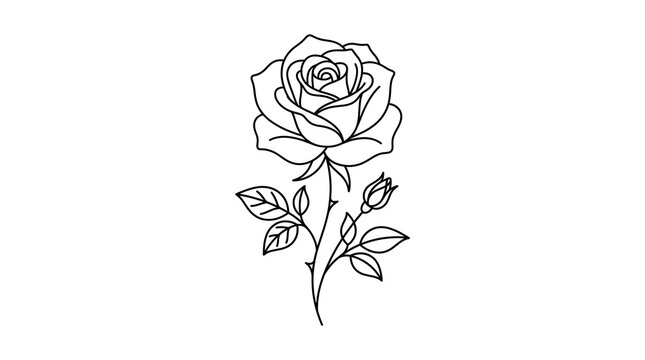 Elegant single blooming rose with leaves and flower bud in minimalist line art style. Botanical floral illustration isolated on a white background for wedding, invitation, branding, tattoo, and decora