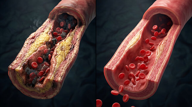 Detailed comparison of a clogged artery with plaque buildup and a clean artery illustrating vascular health