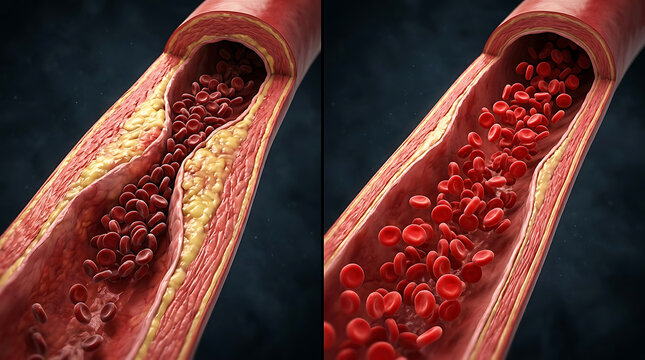 Detailed visualization of a blood vessel block with a medical focus on blood flow obstruction and clot formation scientific