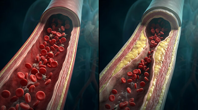 Detailed cross-sectional view of a blood vessel showing blood cells and plaque buildup
