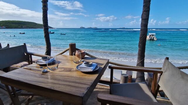 Saint Barth Island, Caribbean Sea. Beachfront Restaurant Table With View of Turquoise Water