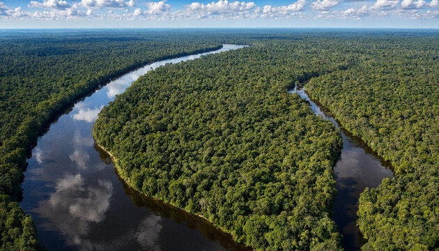 aerial view of the river Aerial view of the Amazon rainforest landscape with a river bend and a small canal in the green forest.
