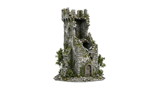 Ruined stone castle tower covered in green vines and moss high quality 4K PNG image in white high quality 4K PNG image in white background