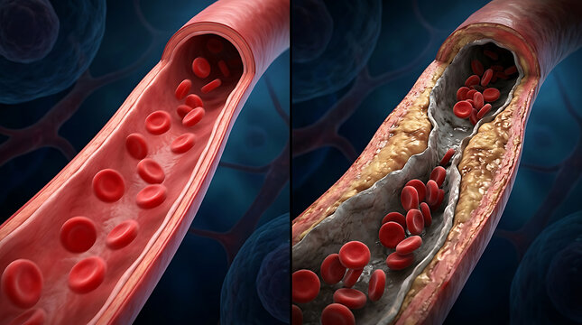 detailed cross-sectional view of a blood vessel showing healthy and clogged states with blood cells and fatty deposits