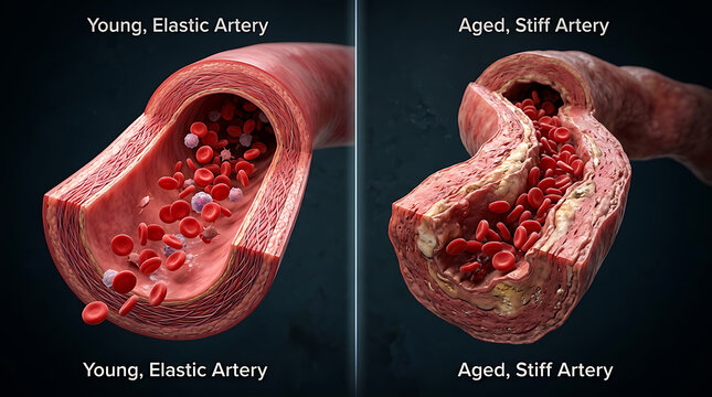 Comparative visualization of young elastic and aged stiff arteries highlighting structural changes and blood flow differences