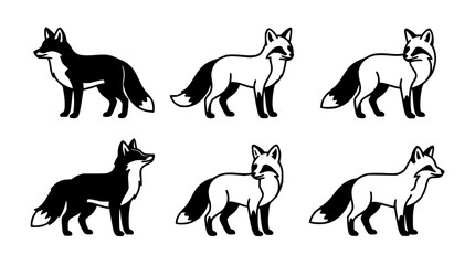Obraz premium Six foxes set with minimalist line art featuring white background, vector illustration, and sleek design
