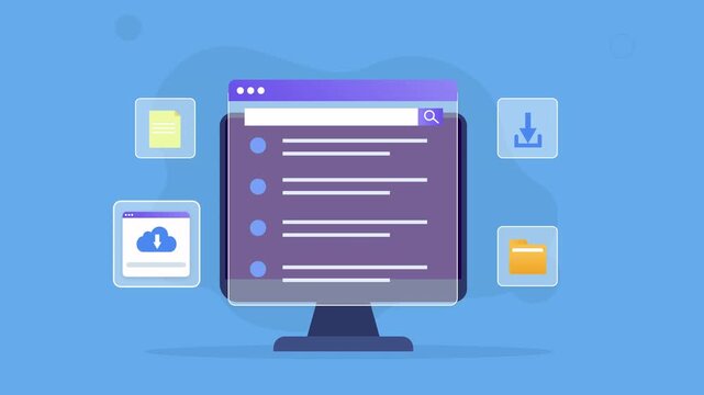 Flat vector animated desktop monitor displaying a cloud file management dashboard with cloud storage, file upload, folders, and workflow interface. Ideal for business, productivity, and technology mot
