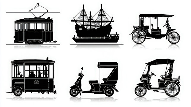 Set of vintage transportation silhouettes including trams ships and auto rickshaws with transportation, silhouette