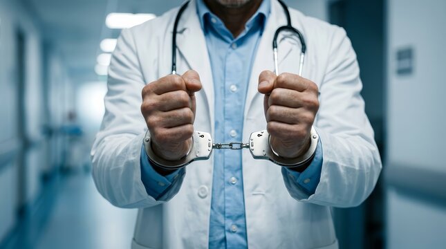 Conceptual image of a medical professional handcuffed to symbolize loss of trust and ethical misconduct.