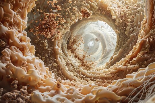Artistic view inside human gut showing enterocytes covered with dietary fibre particles being processed by microbiome cells earth tones warm brown and cream food biology narrative editorial science