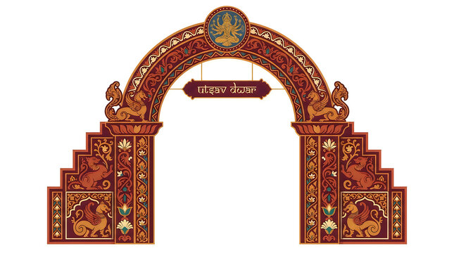 Traditional decorative entrance gate for durga puja festival celebration featuring intricate red and gold ornamental architectural design elements