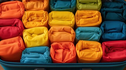 Fototapeta premium Colorful rolled fabric pieces neatly arranged in a suitcase organizing textiles in a vibrant pattern with red orange yellow green and blue hues for travel or storage
