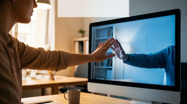 Bridging the Distance Hands Touching Digital Screen, Emphasizing Virtual Human Connection.