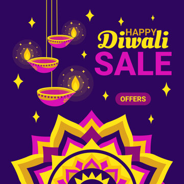Bright festive Diwali sale banner with hanging diya lamps glowing over colorful floral rangoli mandala on purple background. For social media, cards, invitations, and posters. Vector illustration