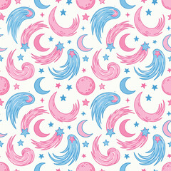 Naklejka premium Seamless pattern with cute pastel rainbows and fluffy clouds, perfect for nursery decor, baby clothing, textile design, and sweet children's products