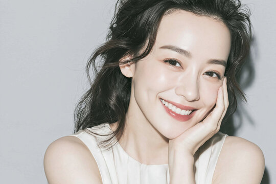 Close-up portrait of beautiful young East Asian woman resting cheek on hand with charming smile and clear glowing skin for beauty skincare cosmetics advertising concepts