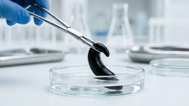 Medical procedure involving a live medicinal leech being held by forceps for treatment.