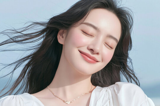 Close-up portrait of beautiful young East Asian woman smiling with closed eyes and windblown long dark hair outdoor for beauty skincare facial cosmetics and natural wellness concept