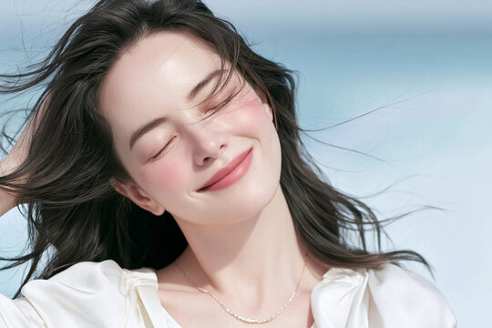 Close-up portrait of beautiful young East Asian woman smiling with closed eyes and windblown long dark hair outdoor for beauty skincare facial cosmetics and natural wellness concept