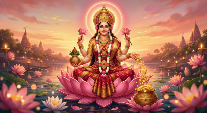 Goddess Lakshmi Dhanteras Illustration, Golden Lotus Sunset Background