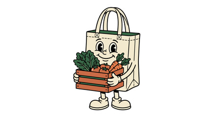 Naklejka premium Cute cartoon tote bag character holding a wooden crate of fresh vegetables