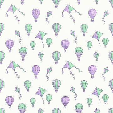 Seamless Pattern Featuring Whimsical Hot Air Balloons And Flying Kites In Pastel Purple And Mint Green Colors For Creative Fabric Textile Surface Design