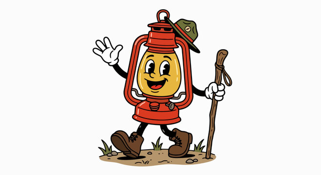 Cartoon lantern character hiking with a wooden walking stick in vintage style