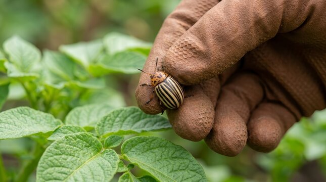 Removing a striped Colorado potato beetle from a green leaf by a pest control worker wearing gloves.